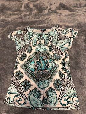 Style & Co. Teal and White Paisley Short Sleeve Blouse